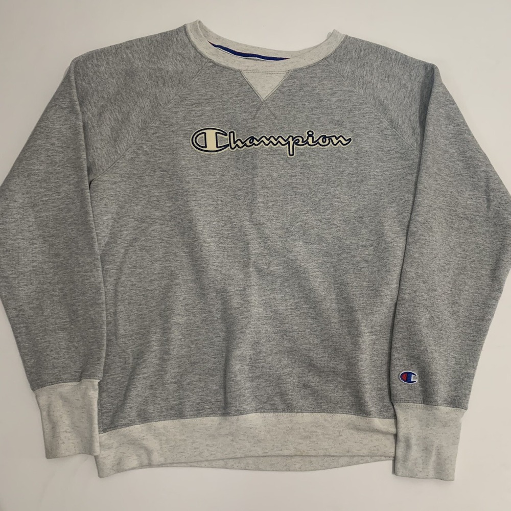 Champion Crewneck Pullover Cotton Sweater Mens Medium Gray Navy Logo Raglan
